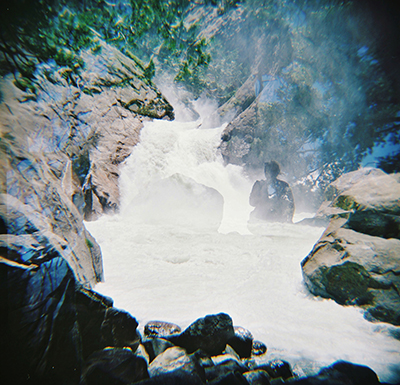 Double exposure of my silhouette in Roaring River Falls. 